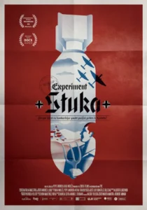 Cartel del documental Experiment Stuka, que representando una bomba sobre fondo rojo