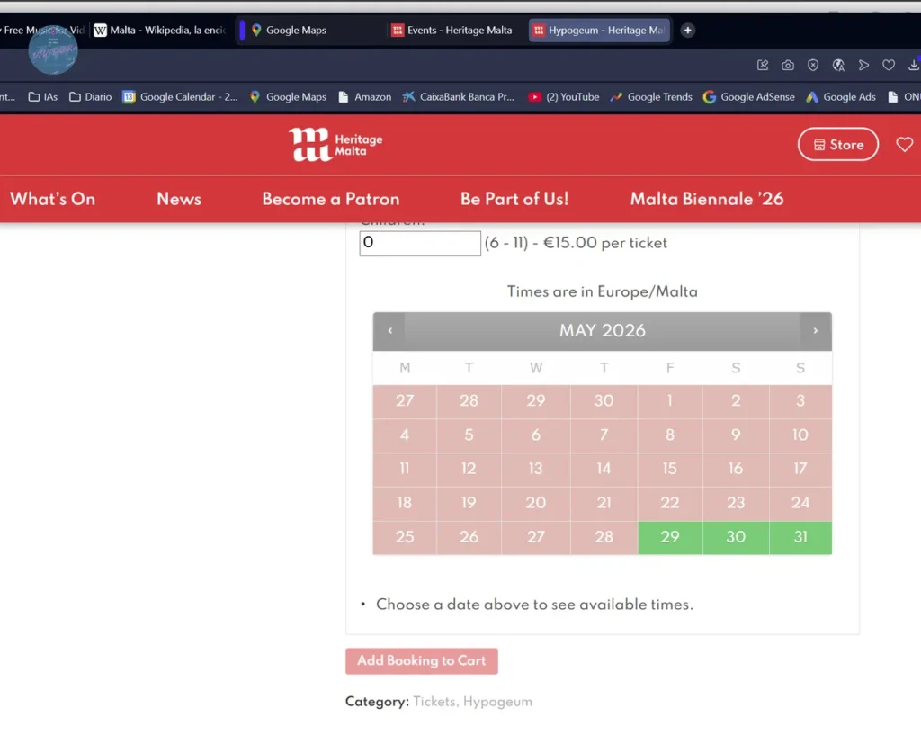 Captura de pantalla de la página web Heritage Malta con el calendario de reservas del Hipogeo de Hal Saflieni con todas las fechas agotadas para los siguientes dos meses (Captura del 22 de febrero 2026)