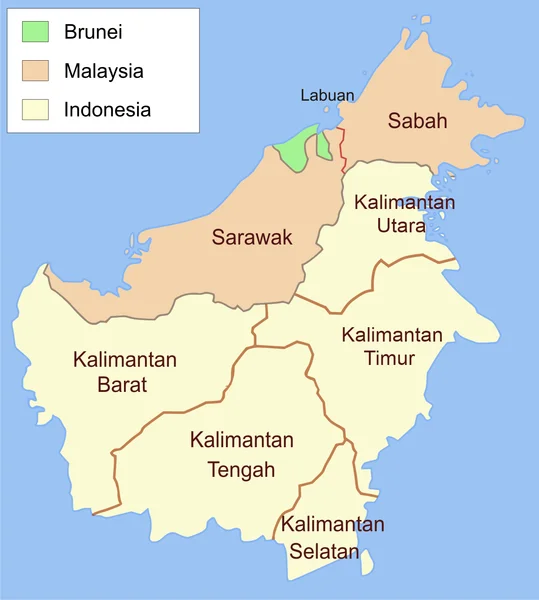Mapa de las regiones de la isla de Borneo