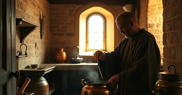 Ilustración de un monje preparando chocolate caliente, simulando la cocina del Monasterio de Piedra de Zaragoza.
