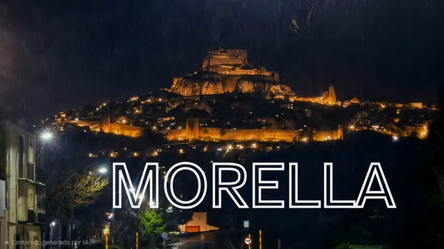 Imagen nocturna de la ciudad de Morella, con el castillo y murallas iluminadas, bajo la lluvia. Sobreescrita la etiqueta Morella