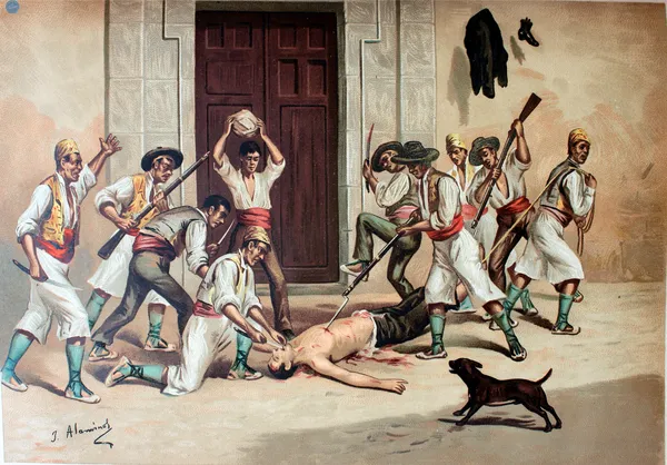 Ilustración en color que representa el asesinato de Agustín Albors durante las reviueltas del petroli