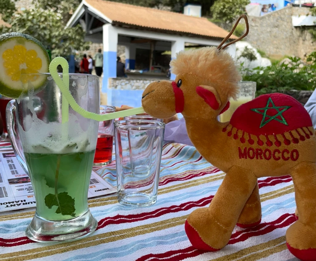 Sobre una mesa, un peluche con forma de pequeño dromedario marrón que lleva escrito Morocco bebe de una pajita un refresco de te con hierbabuena.