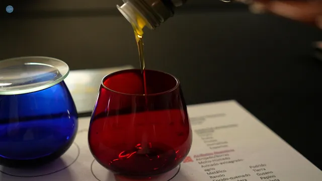 Aceite de oliva virgen extra servido en vasos de color durante la cata guiada de Olis Fogà, en Albocàsser.