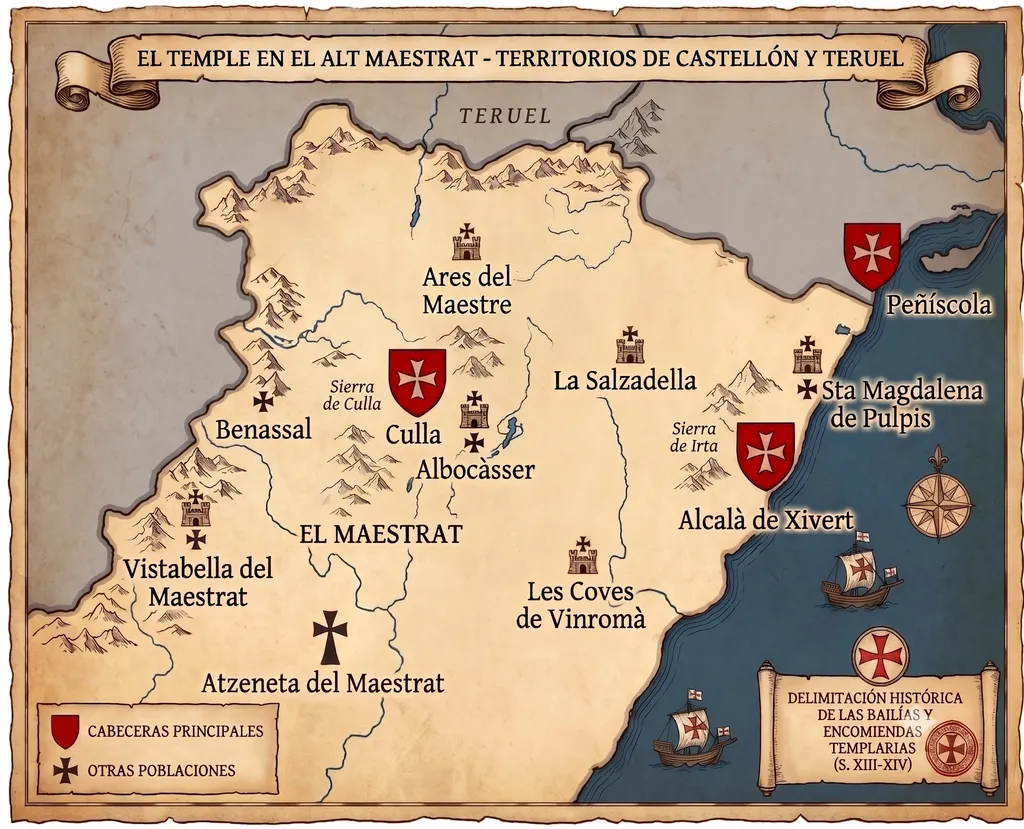 Mapa histórico ilustrado de estilo medieval que muestra la distribución de las posesiones de la Orden del Temple en el Alt Maestrat y norte de Castellón tras la compra de Culla en 1303. Se detallan con precisión las ubicaciones geográficas de núcleos como Culla, Peñíscola, Alcalà de Xivert, Ares del Maestre, Benassal, Albocàsser, Vistabella y Atzeneta del Maestrat, diferenciando las cabeceras principales del resto de poblaciones templarias sobre un fondo de pergamino antiguo.