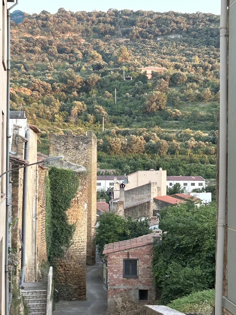 Perspectiva de una de las torres medievales cubiertas de hiedra y tejados tradicionales del municipio fortificado de Benassal.