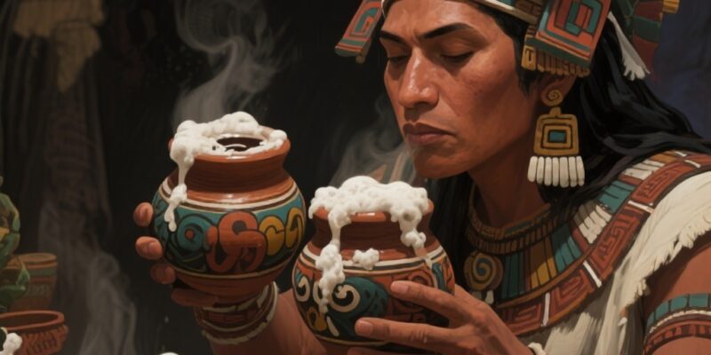ilustración de un noble azteca bebiendo tchocolatl