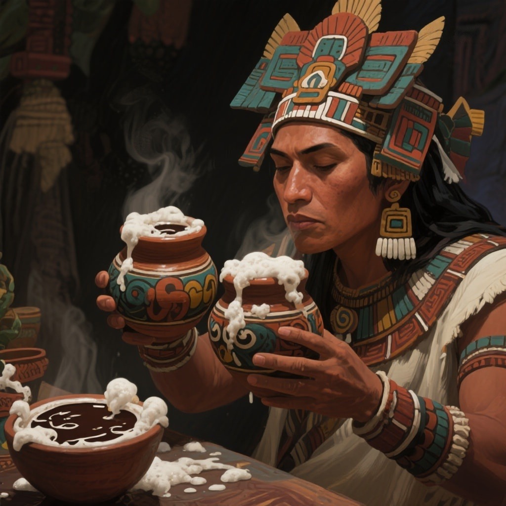 ilustración de un noble azteca bebiendo tchocolatl